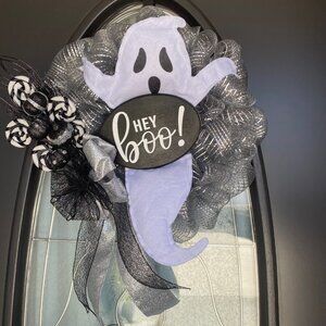 Halloween Ghost Wreath - Deco Mesh, Pumpkins, Swirls, Branches, Boo! Sign